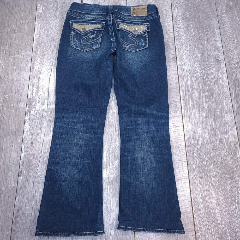 Silver Jeans Suki Surplus Jeans Women 28x29 Blue Distressed Sequin Bootcut